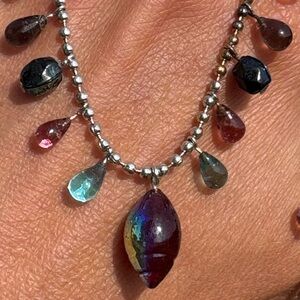 ten thousand villages Silvertone dangle drop iridescent teardrop beaded necklace